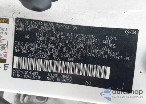 2005 Toyota Highlander z USA, uszkodzony, nr VIN JTEGD21A450110980